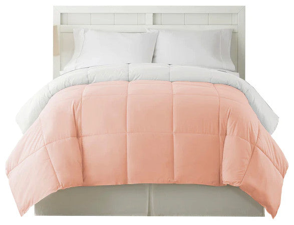 Benzara BM202054 King Size Box Quilted Reversible Comforter , White and Pink