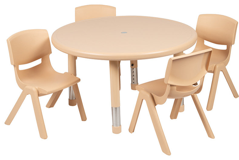 33" Round Natural Plastic Height Adjustable Activity Table Set with 4 Chairs