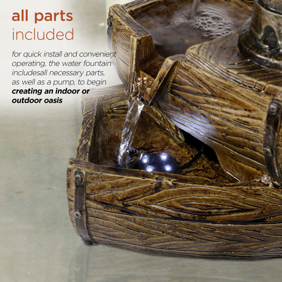 Alpine 2-Tier Water Pump Barrel Fountain With LED Light, 14" Tall