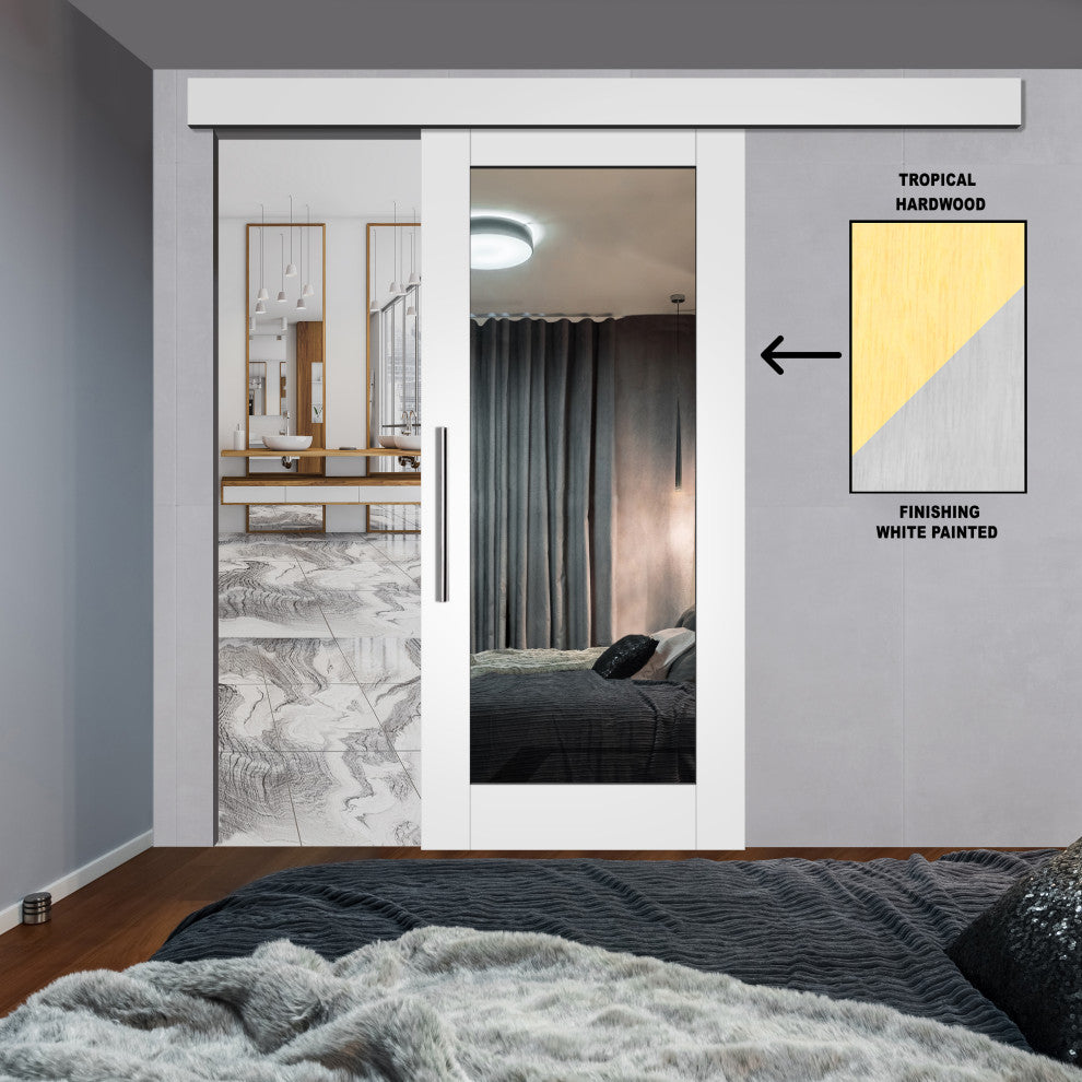 Mirrored White Painted Solid Wood Sliding Barn Door + Full Length Mirror, 36"x84" Inch, Hardware With Fascia, 1x Mirror One-Side