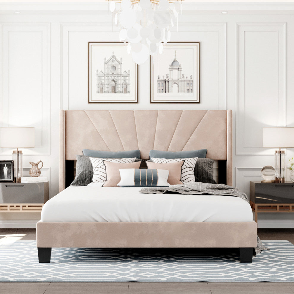 Gewnee Queen Size Velvet Upholstered Platform Bed in Beige