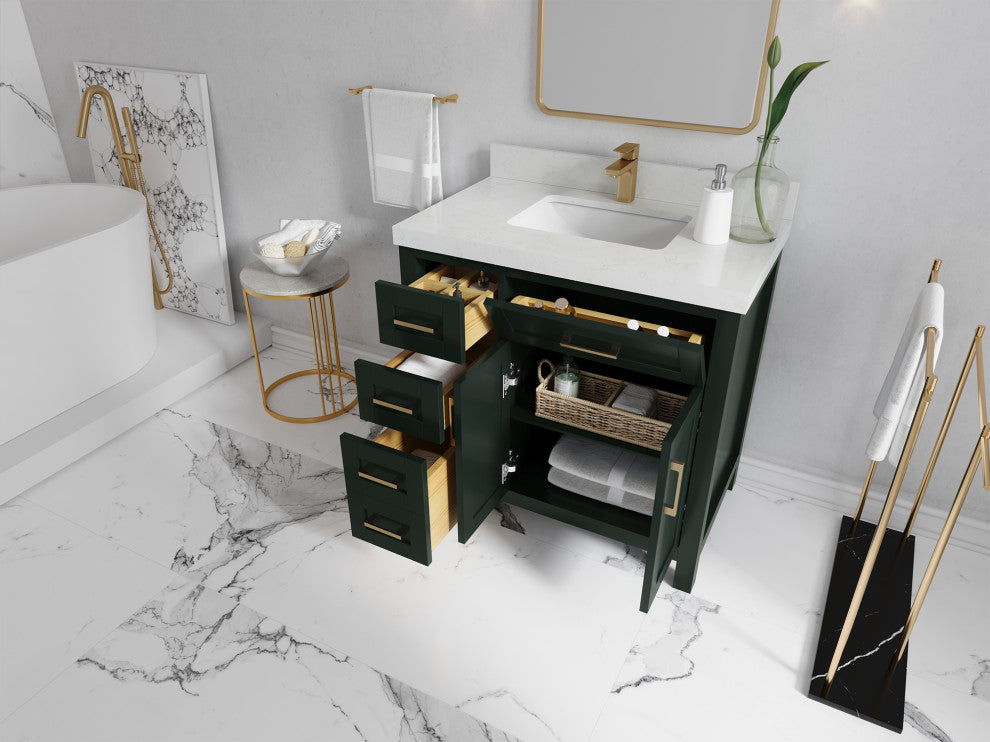 Cambridge 36 Right Offset Bath Vanity in Pewter Green 2" Carrara Marble