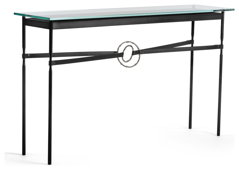 Equus Console Table, Black Finish - Natural Iron Accents - Black Leather Strap