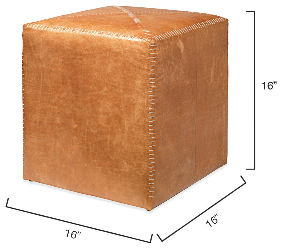 Buff Leather Ottoman, Small