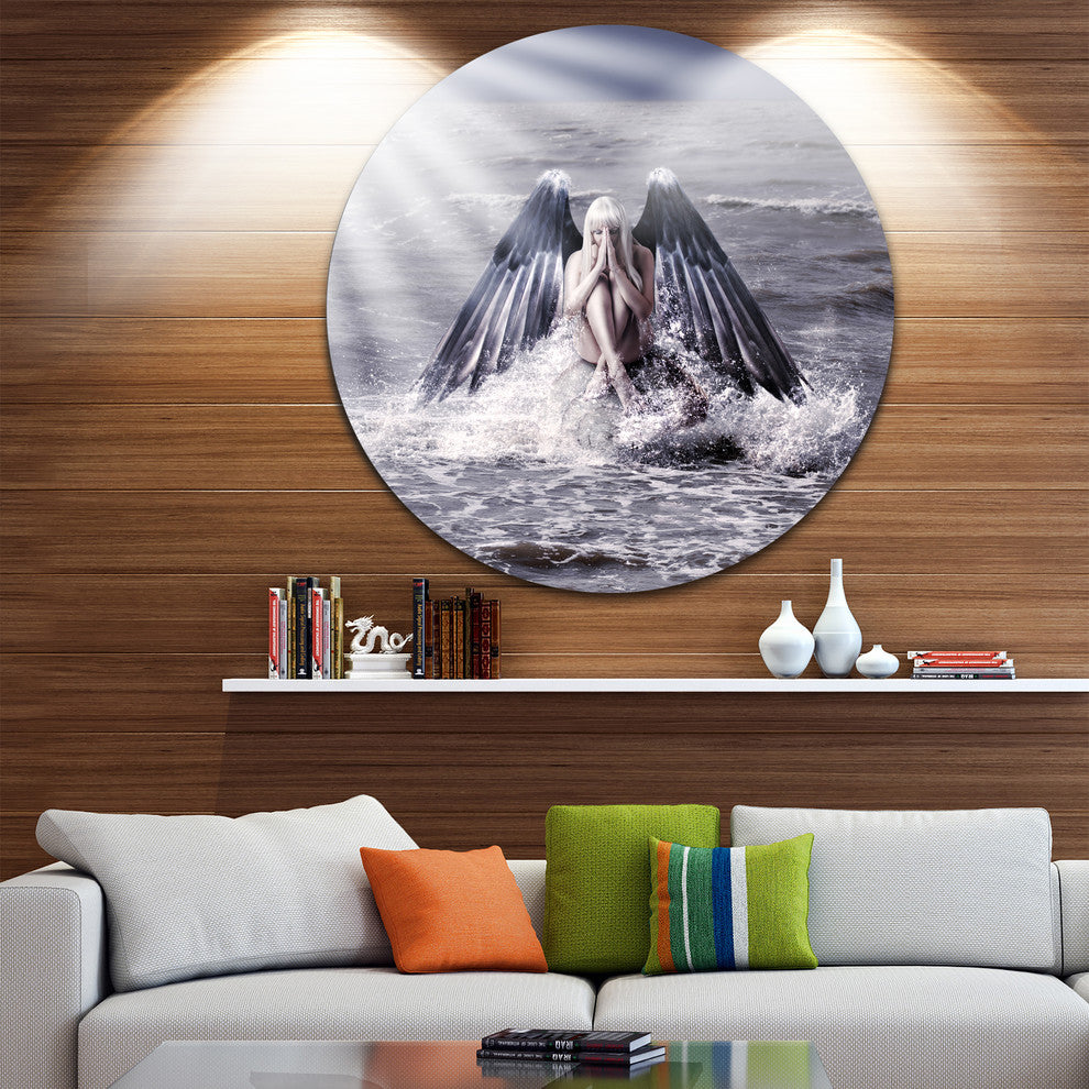 Woman With Dark Angel Wings, Modern Beach Round Metal Wall Art, 23"