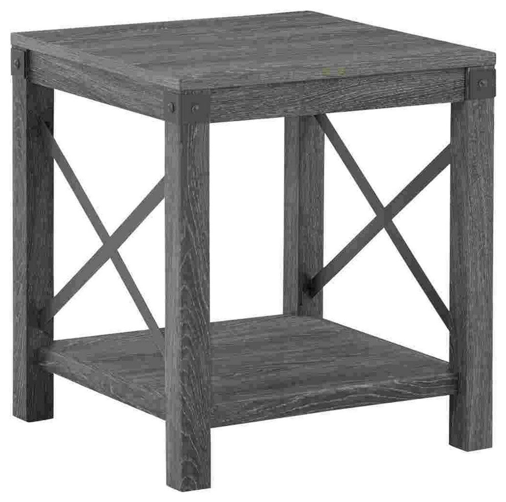 Benzara BM262431 End Table With X Metal Accent and Grain Details, Gray