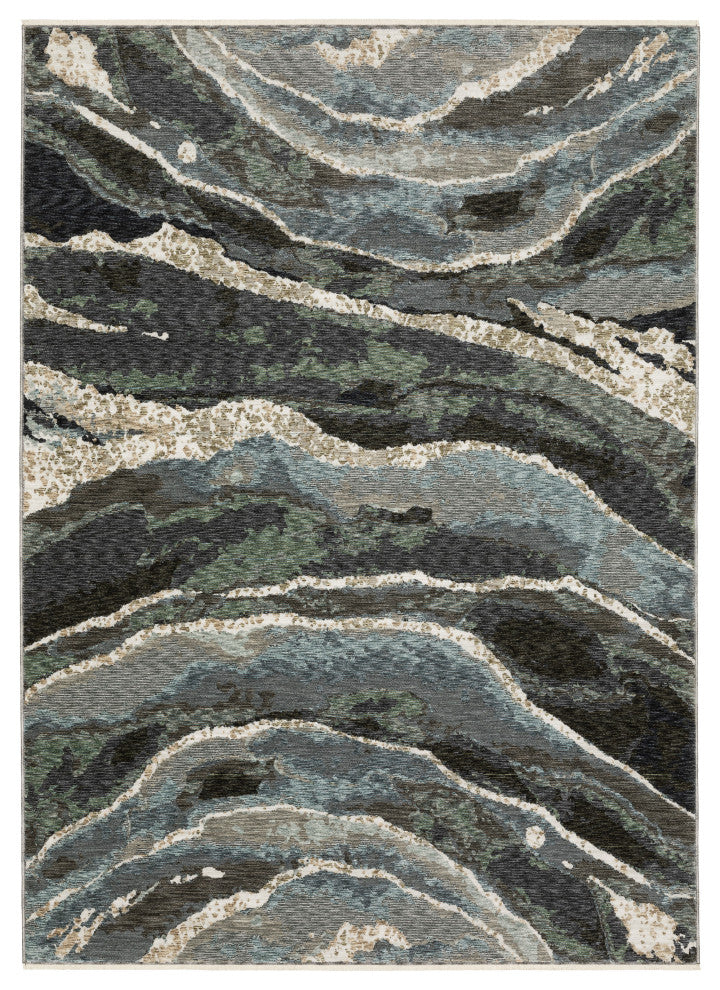 Easely Modern Abstract Waves Blue/ Green Area Rug, 6'7" x 9'6"