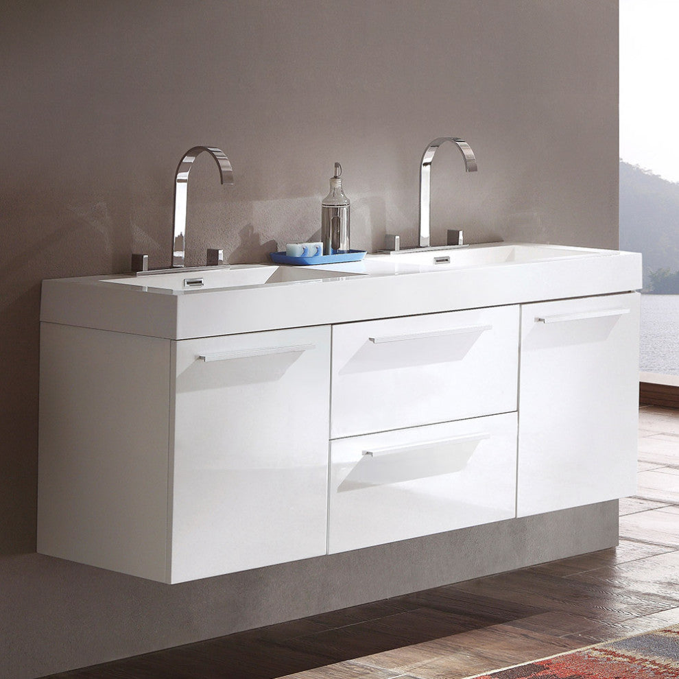 Opulento Double Sink Bathroom Cabinet, Base: White, With Integrated Sink