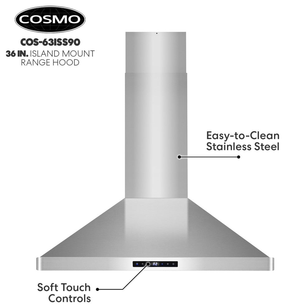 36" 380 CFM Ducted Island Range Hood with LED Lighting in Stainless Steel