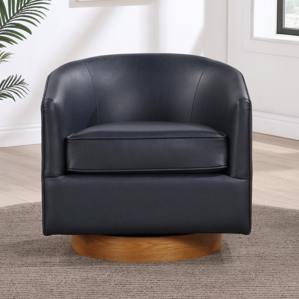 Irving Faux Leather Wood Base Barrel Swivel Chair, Midnight Blue