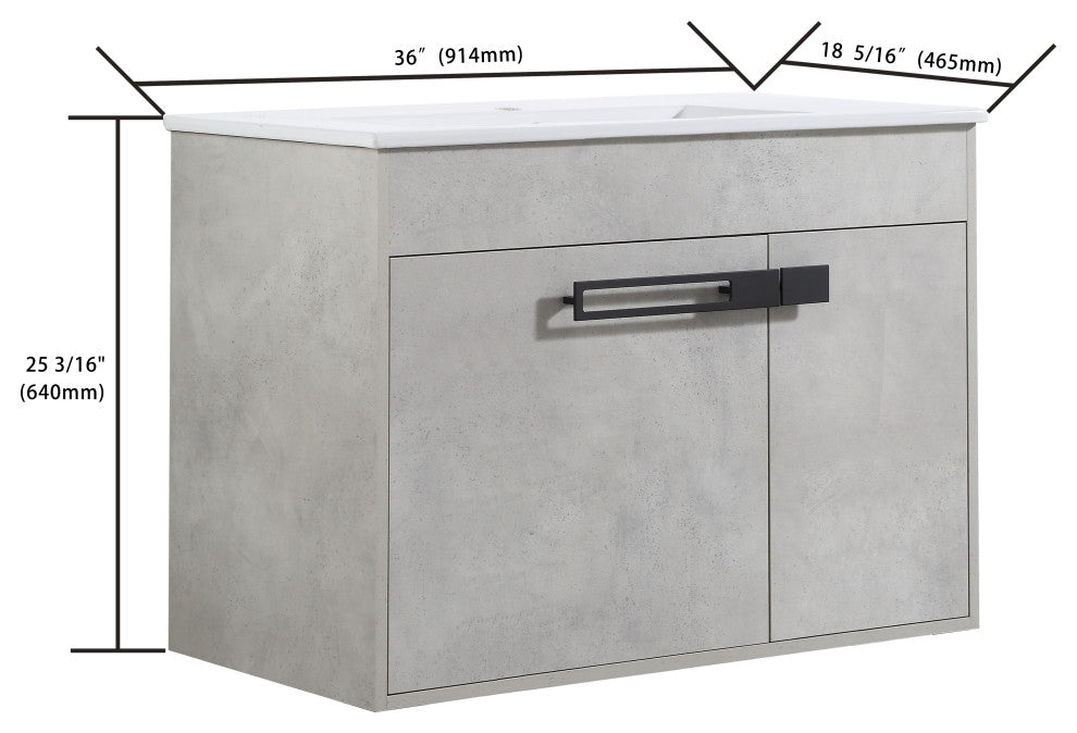 Freestanding/Floating Bathroom Vanity With white Ceramics Top, Grey, 36"