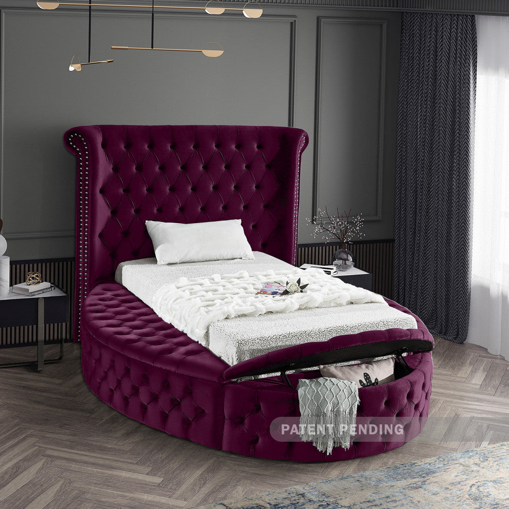 Luxus Button Tufted Velvet Round Bed, Purple, Twin