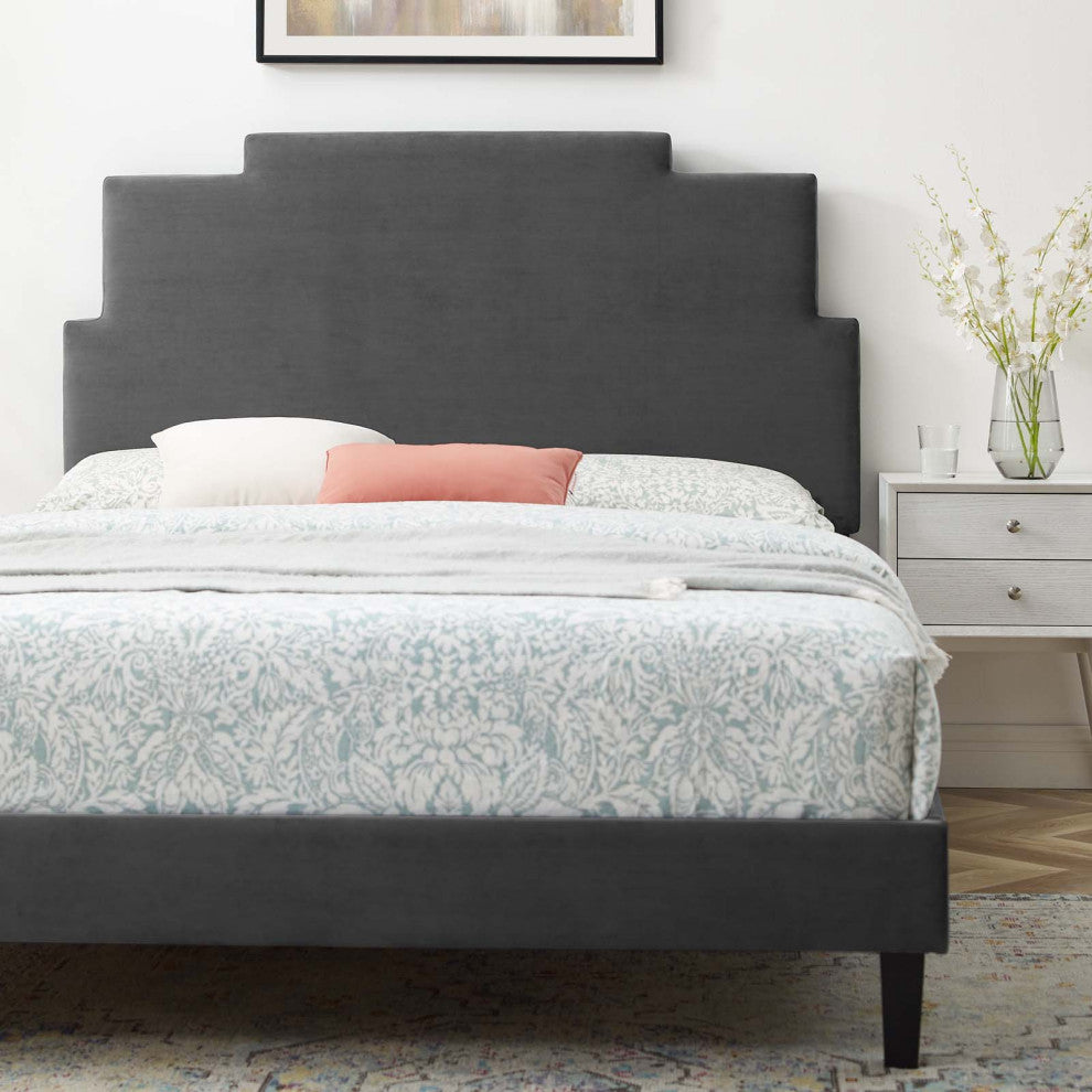 Platform Bed Frame, King Size, Velvet, Dark Gray, Modern Contemporary