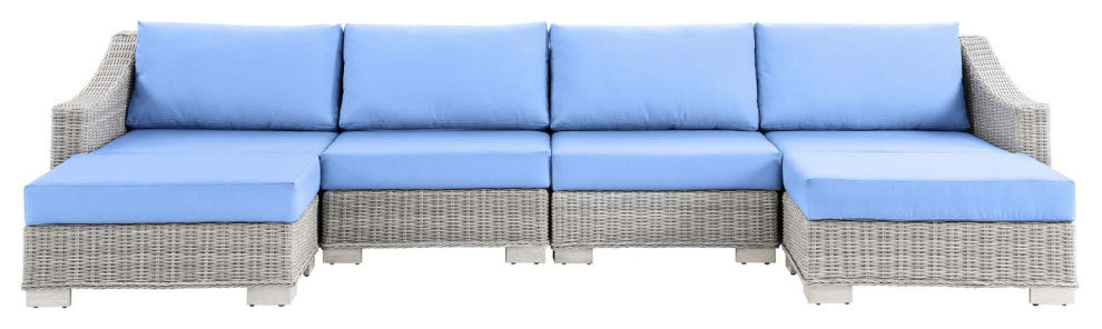 Lounge Sectional Sofa Chair Set, Rattan, Wicker, Gray Blue, Modern, Outdoor