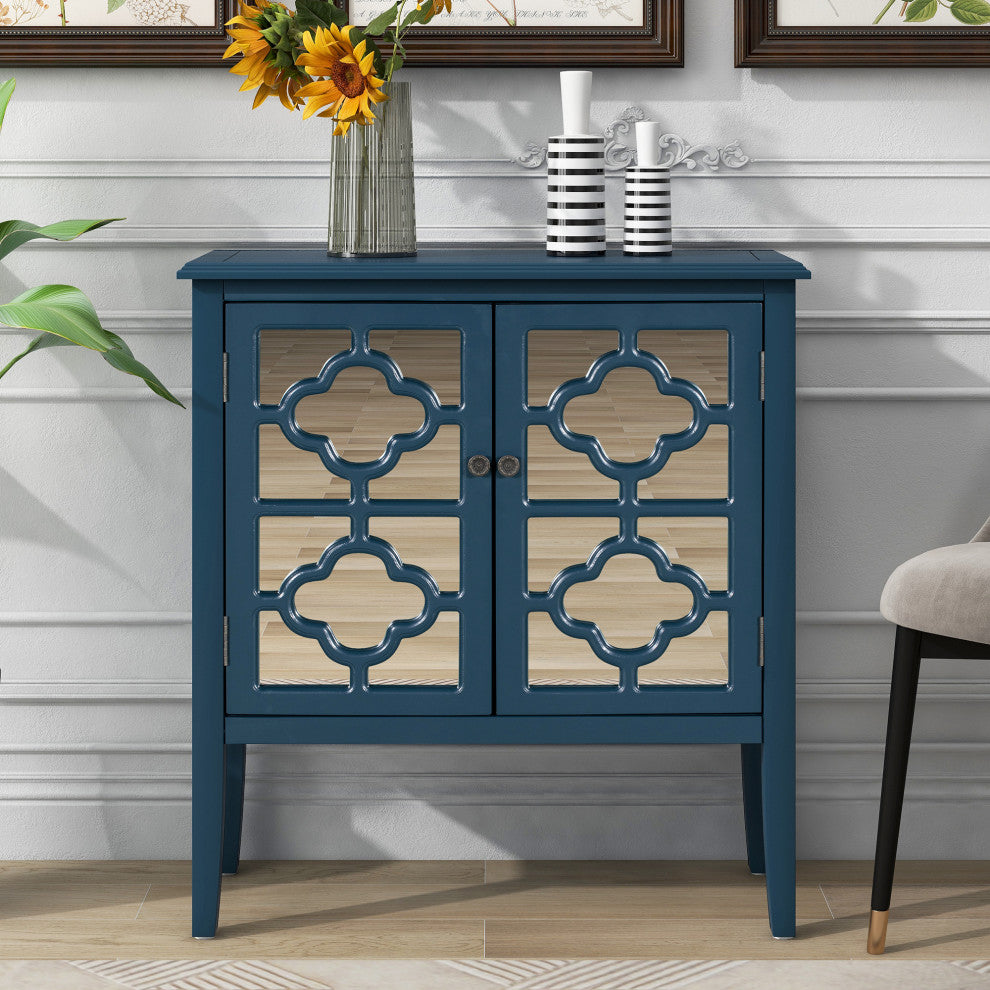 Wood Double Mirrored Door Accent Cabinet with Adjustable Shelf, Blue, 32" X 14"