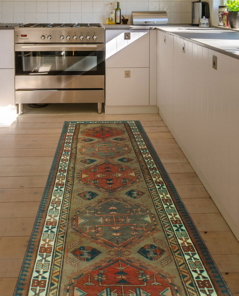 Fine Vintage Distressed Goudarz Light Brown/Ivory Runner, 3'4x11'1