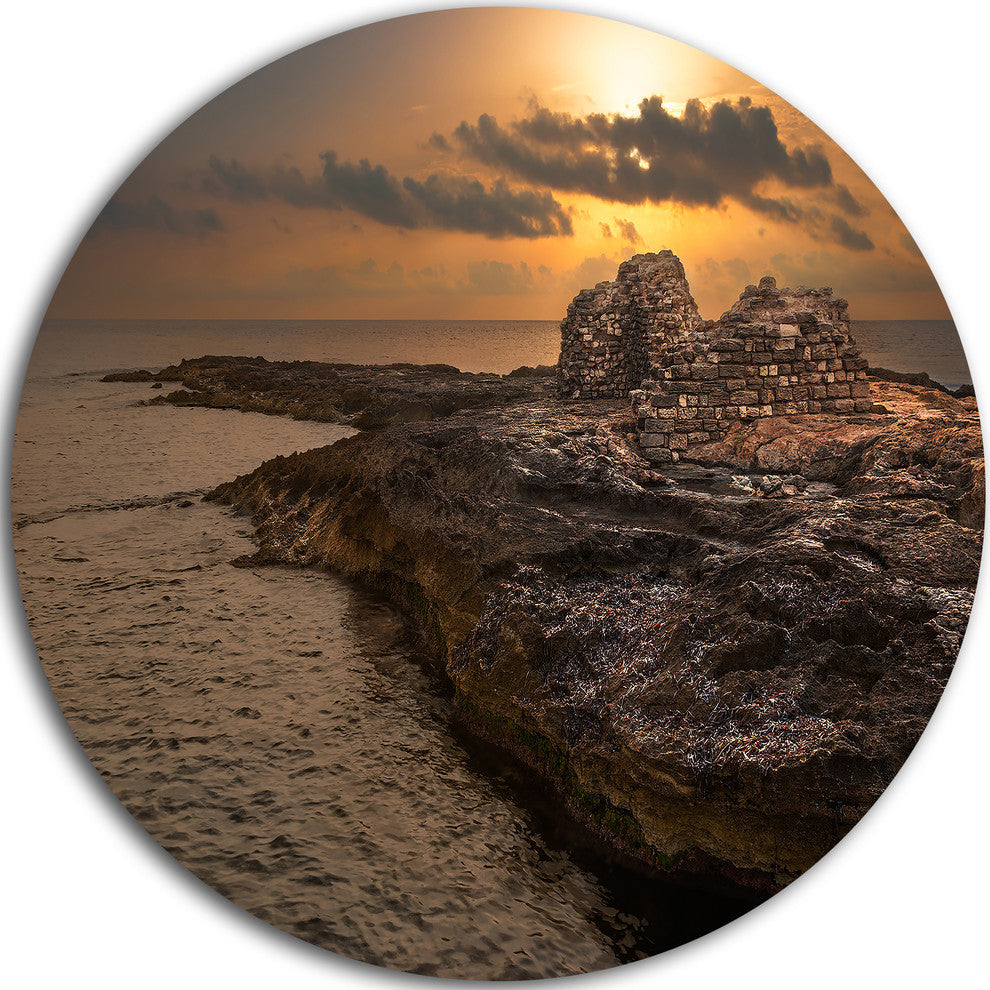Rocky Coast With Ancient Ruins, Beach Disc Metal Artwork, 36"