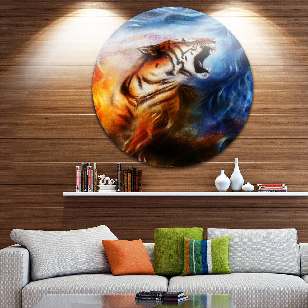 Gentle Tiger Portrait Collage, Animal Digital Art Round Wall Art, 23"