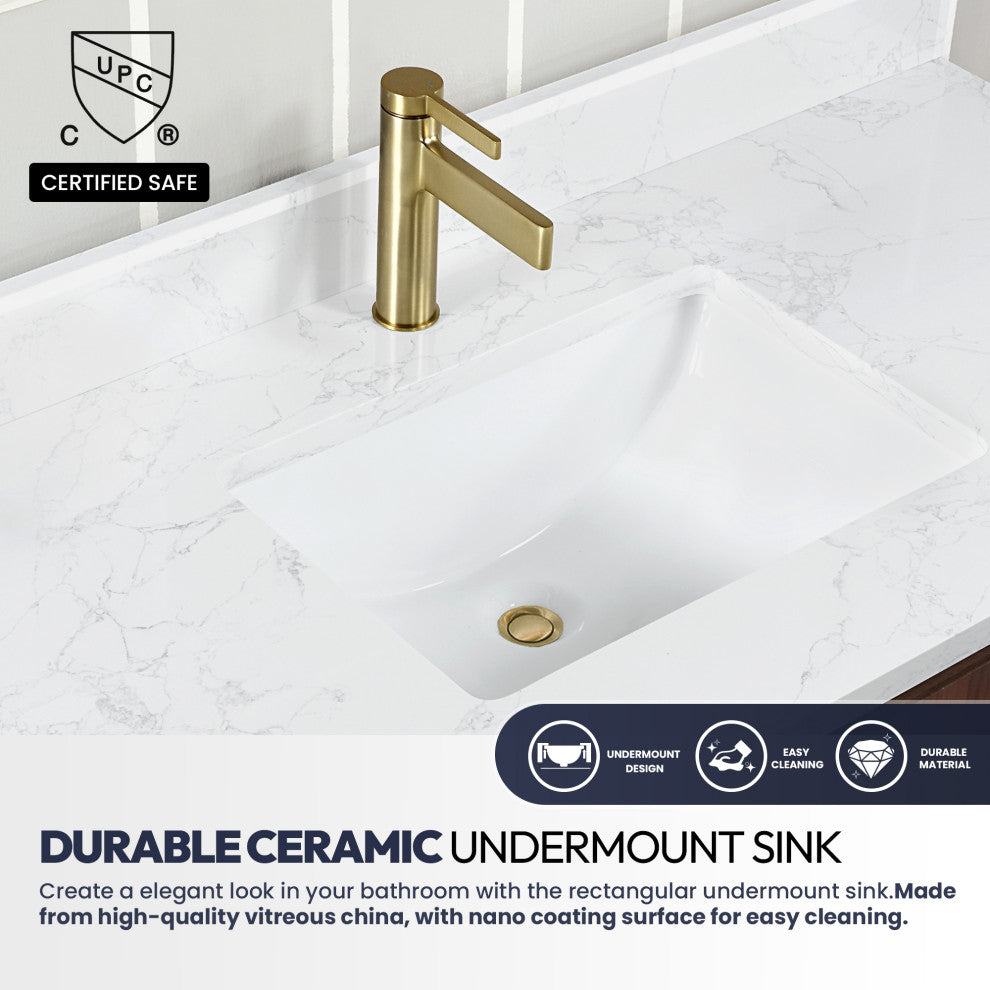 San Bath Vanity with Stone Top, Natural Walnut, 36", Single Vanity, With Mirror