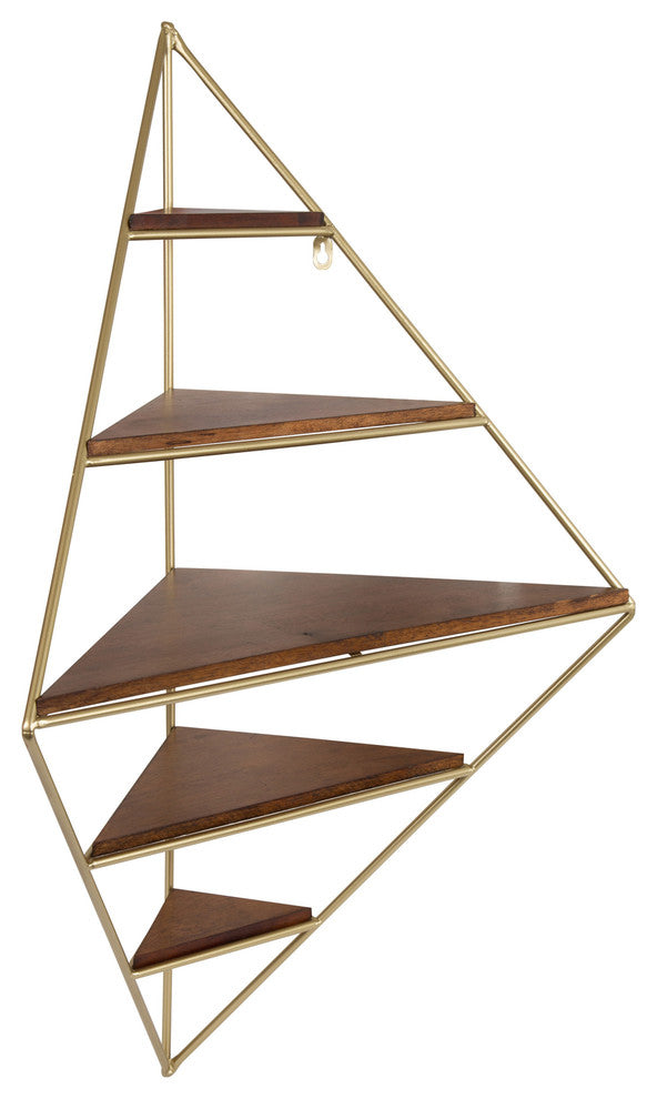 Melora Metal and Wood Corner Wall Shelf, Gold 5 Shelves