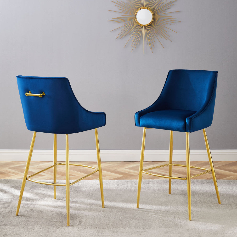 Bar Stool Chair Barstool, Set of 2, Blue Navy, Velvet, Modern, Mid Century