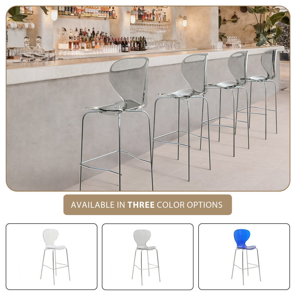LeisureMod Oyster Acrylic Barstool With Steel Frame in Chrome Finish, Smoke