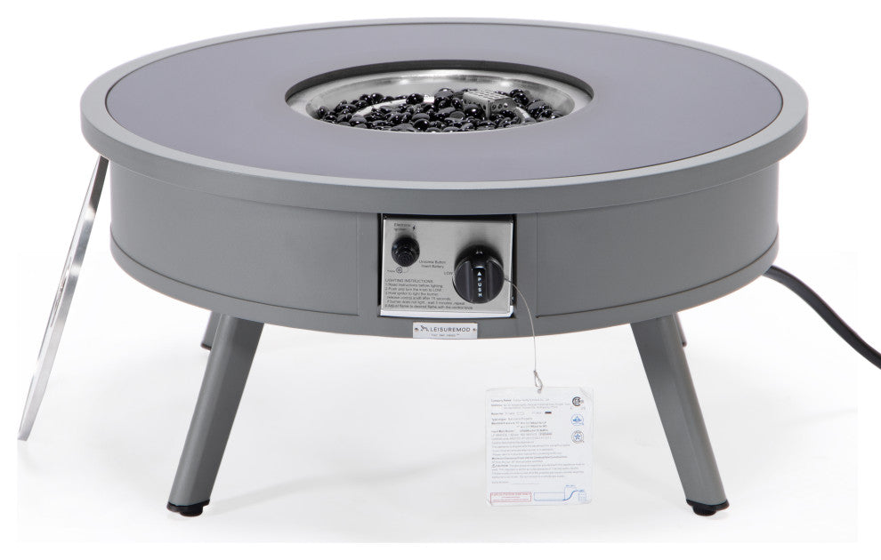 Leisuremod Walbrooke Patio Round Fire Pit Table With Aluminum Frame, Gray