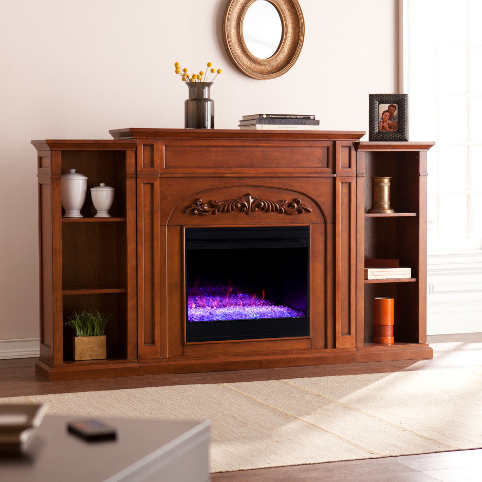 Charle Color Changing Fireplace with Bookcases, Autumn Oak