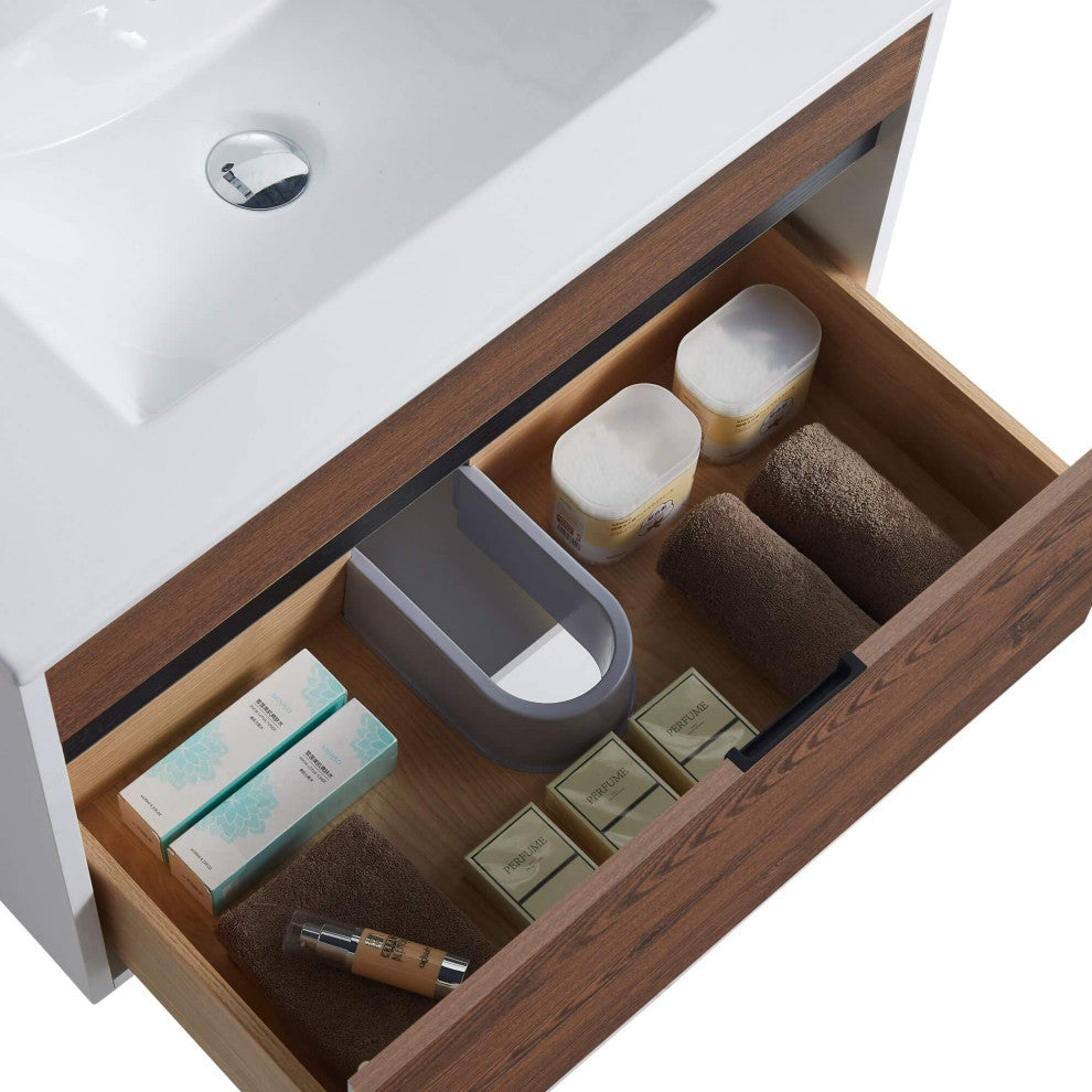Alpine Wall Mount Bathroom Vanity and Sink, Brown Walnut, 30"