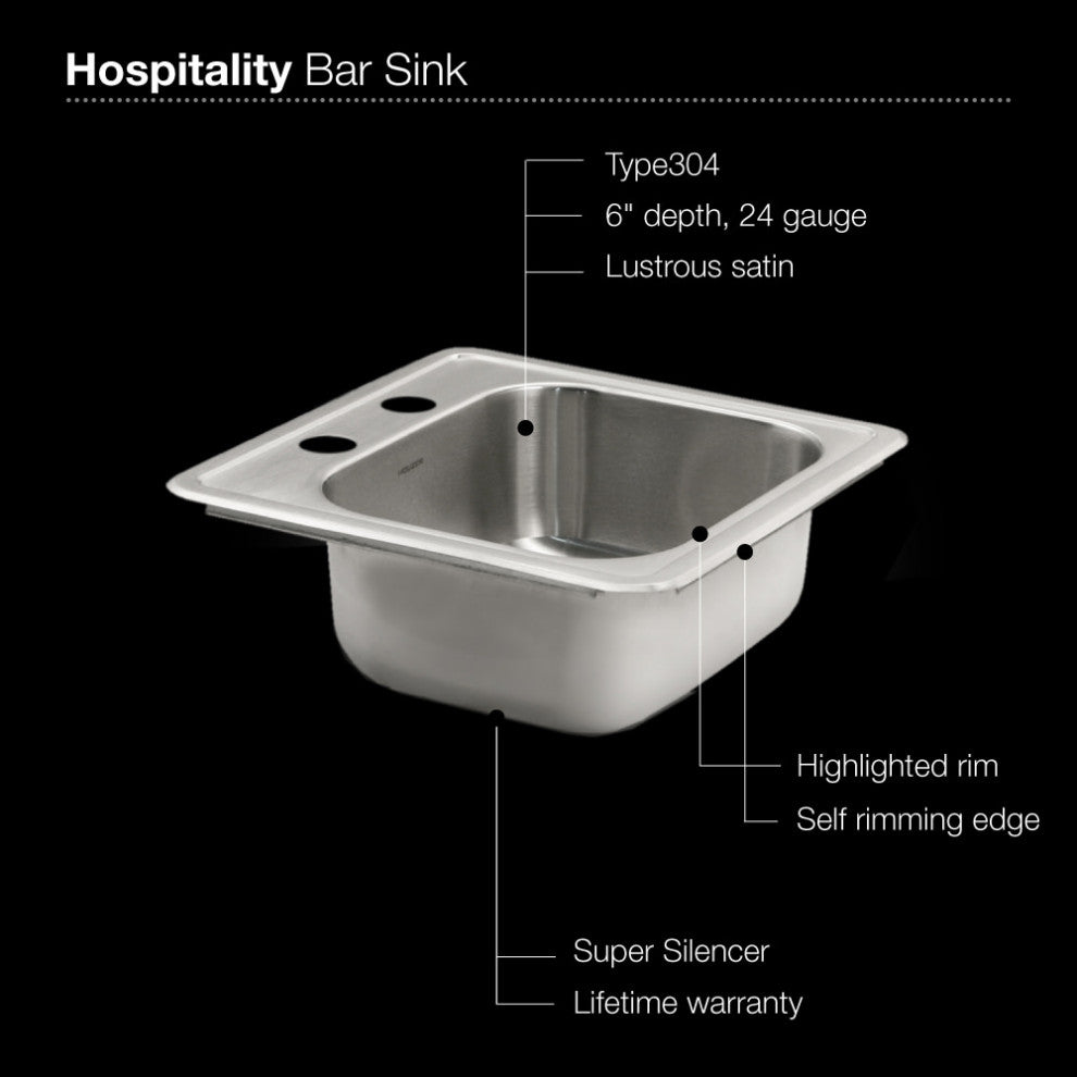 Houzer 1515-6BS Hospitality 15" Drop In Single Basin Stainless - Stainless