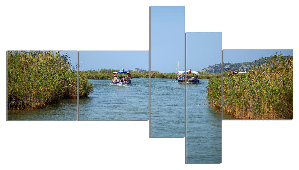 Touristic River Boats, Landscape Photography Canvas Art Print, 60"x32", 5 panels