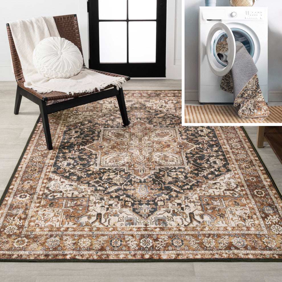 Chapell Chenille Mid-Century Medallion Washable Rug, Black/Terra, 8 X 10