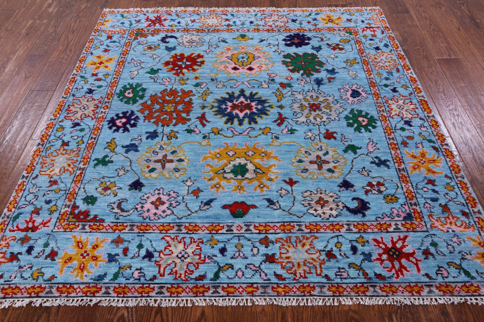 6' Square Hand-Knotted Turkish Oushak Wool Rug - Q13332
