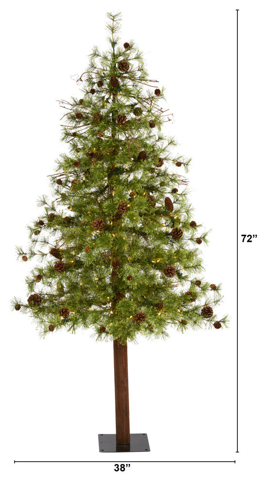6' Wyoming Alpine Faux Xmas Tree W/ Clear Lights & Pine Cones on Natural Trunk