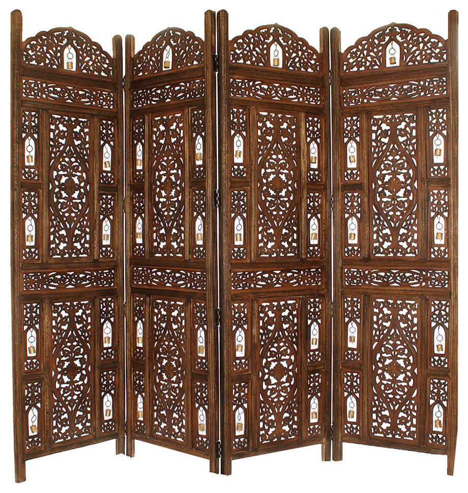Handcrafted Wooden 4 Panel Room Divider Screen With Tiny Bells -Reversible