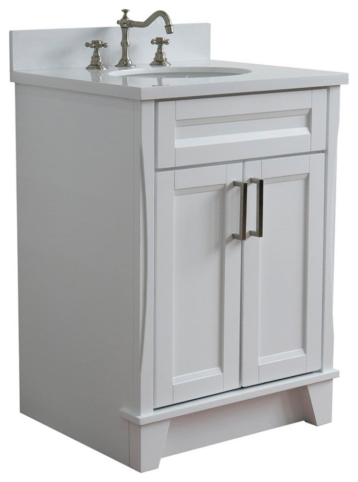 25" Single Sink Vanity, White Finish With Engineered Stone Top And Oval Sink