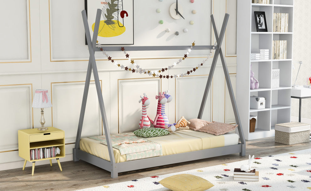 Gewnee Twin Size House Platform Bed with Triangle Structure,Gray