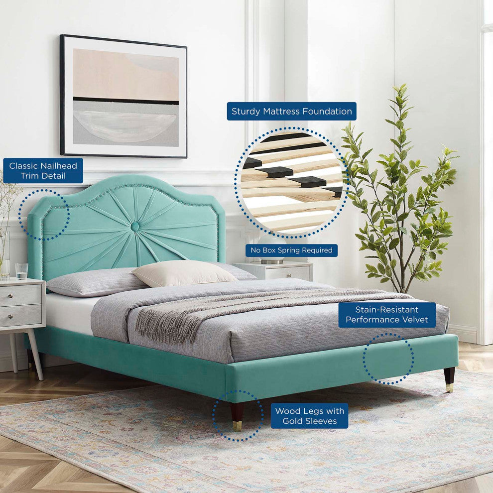 Platform Bed Frame, Full Size, Velvet, Blue, Modern Contemporary, Bedroom Master