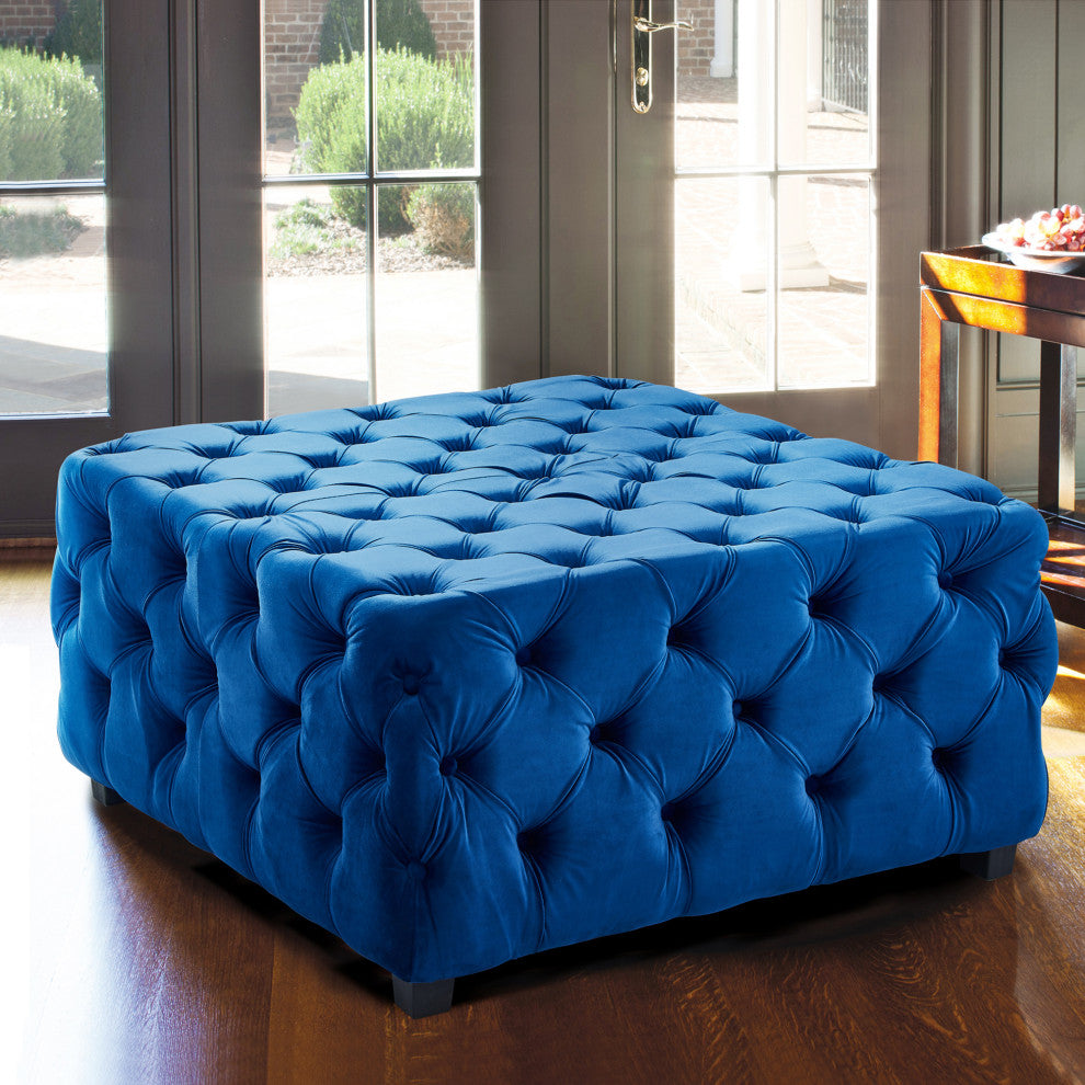 Taurus Contemporary Ottoman In Blue Velvet, Wood Legs