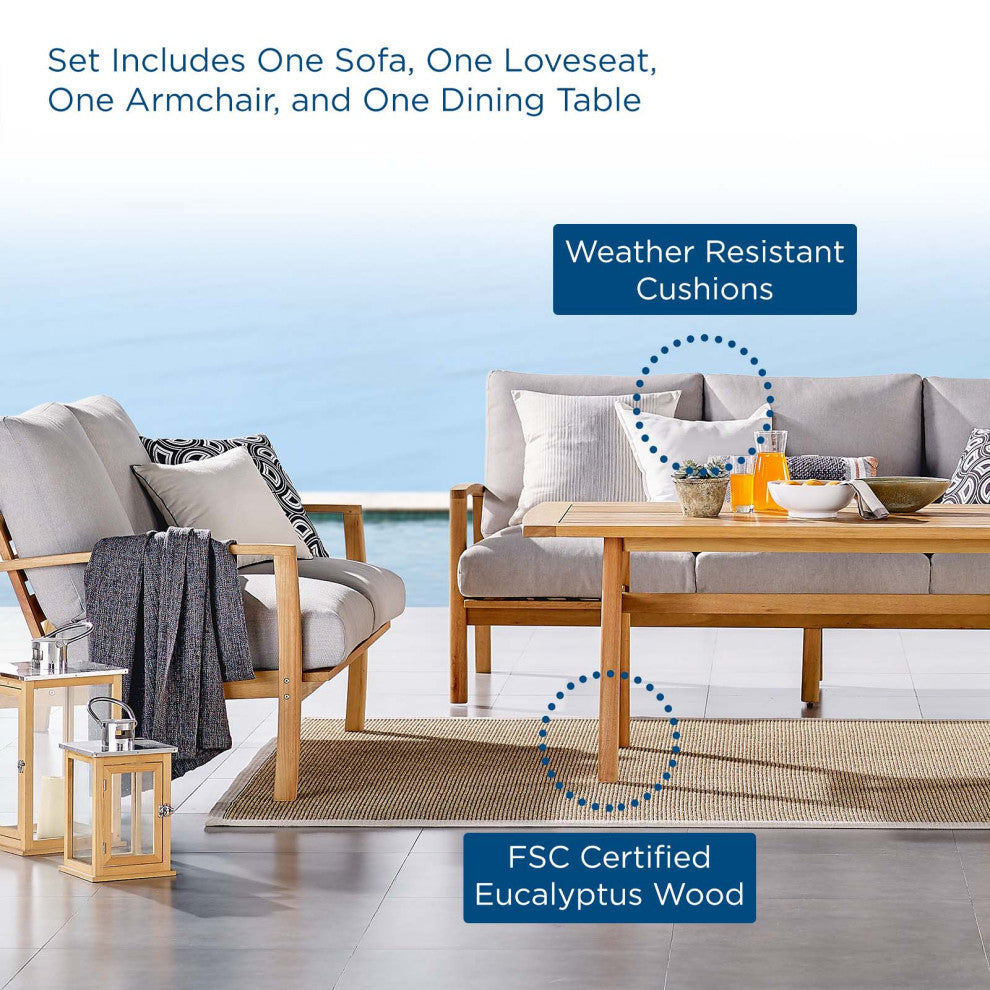 Lounge Sectional Sofa Chair Set, Wood, Brown Natural Gray, Modern, Outdoor