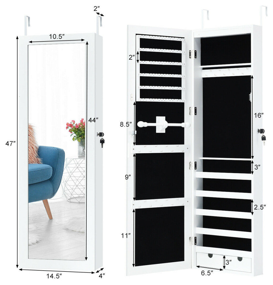 Costway Wall Mounted Mirrored Jewelry Cabinet Organizer Lockable w/ LED Lights