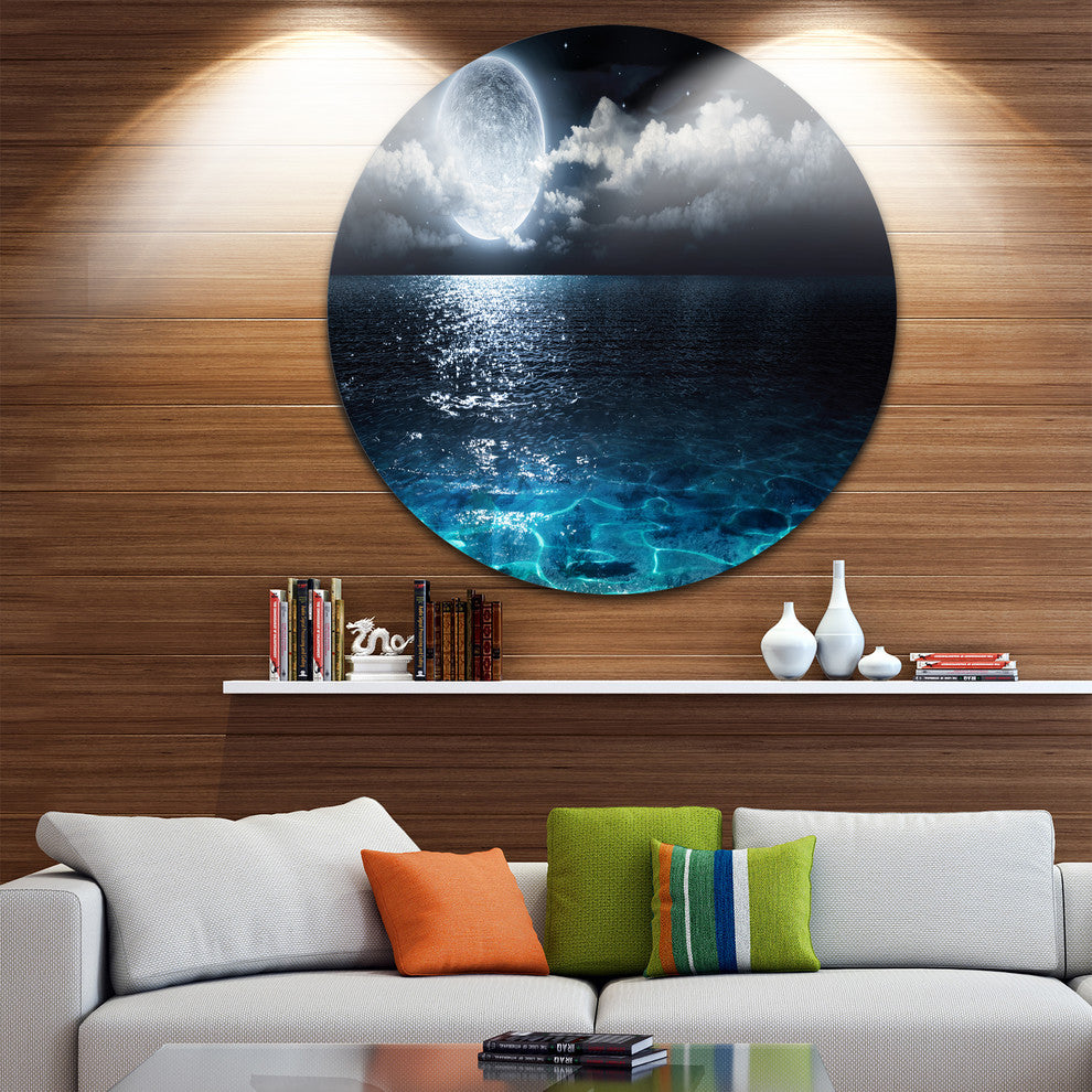 Romantic Full Moon Over Sea, Seascape Photo Round Wall Art, 36"