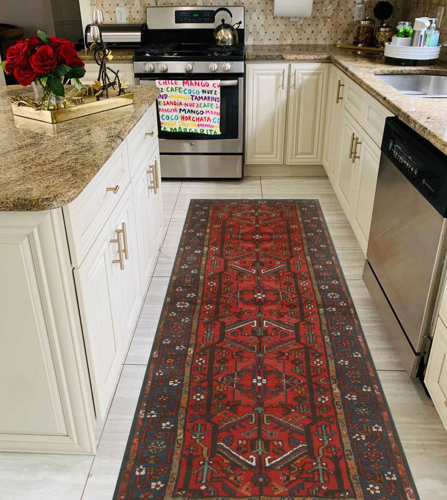 Fine Vintage Distressed Radbyrne Rust/Blue Runner, 3'4x9'11