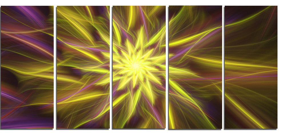 Shining Golden Exotic Fractal Flower, Floral Canvas Art Print, 60"x28", 5 Panels