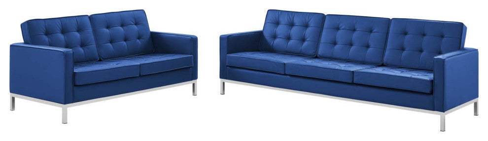 Tufted Loveseat and Sofa Set, Faux Leather, Silver Blue Navy, Modern, Lounge