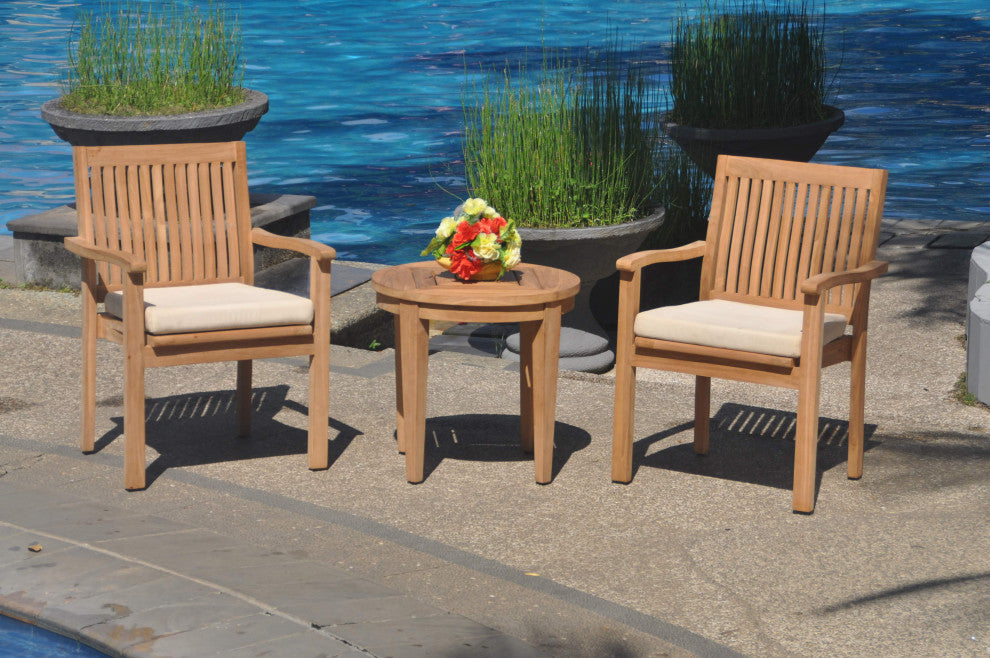 3-Piece Outdoor Patio Teak Dining Set, 23.5" Round Table, 2 Leveb Stacking Chair