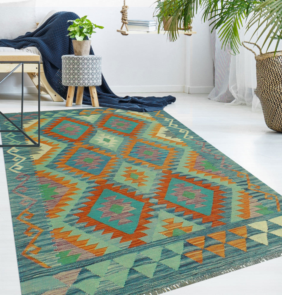 Sangat Kilim Theadore Rust/Light Green Rug, 4'2x5'7