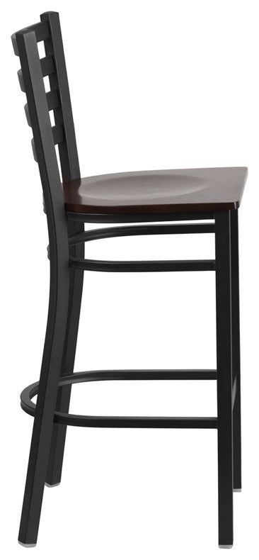 Black Ladder Back Metal Restaurant Barstool, Walnut Wood Seat