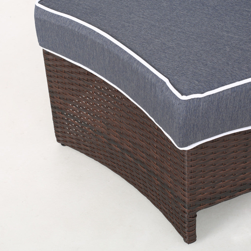 Mia Outdoor 4-Seater Wicker Curved Sectional Set With Wedge Tables, Navy, Ice Bucket Ottoman
