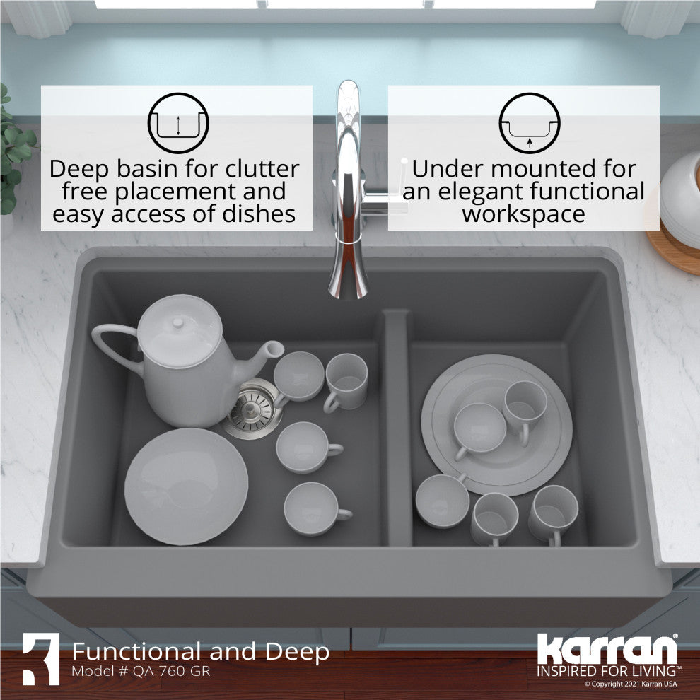 Karran Farmhouse Quartz 34" Double Offset Bowl Sink Kit, Grey